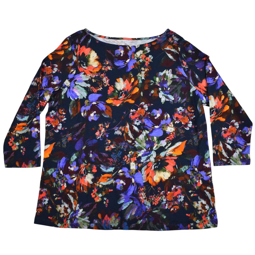 Lands End Boatneck Top Women's XL Blue Floral 3/4 Sleeve Cotton Knit Blouse NWOT